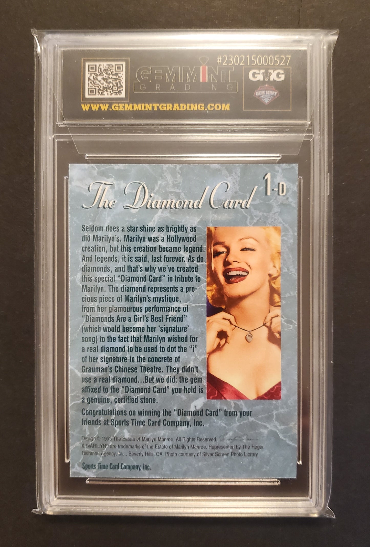 Marilyn Monroe Diamond Certified Card Sports Time Inc 1993 #1-D - Graded 8.0