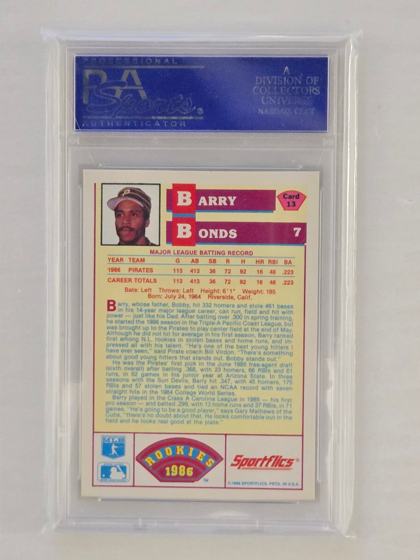 Barry Bonds RC | 1986 Sortflics Rookies # 13 | Graded PSA Gem Mint 10