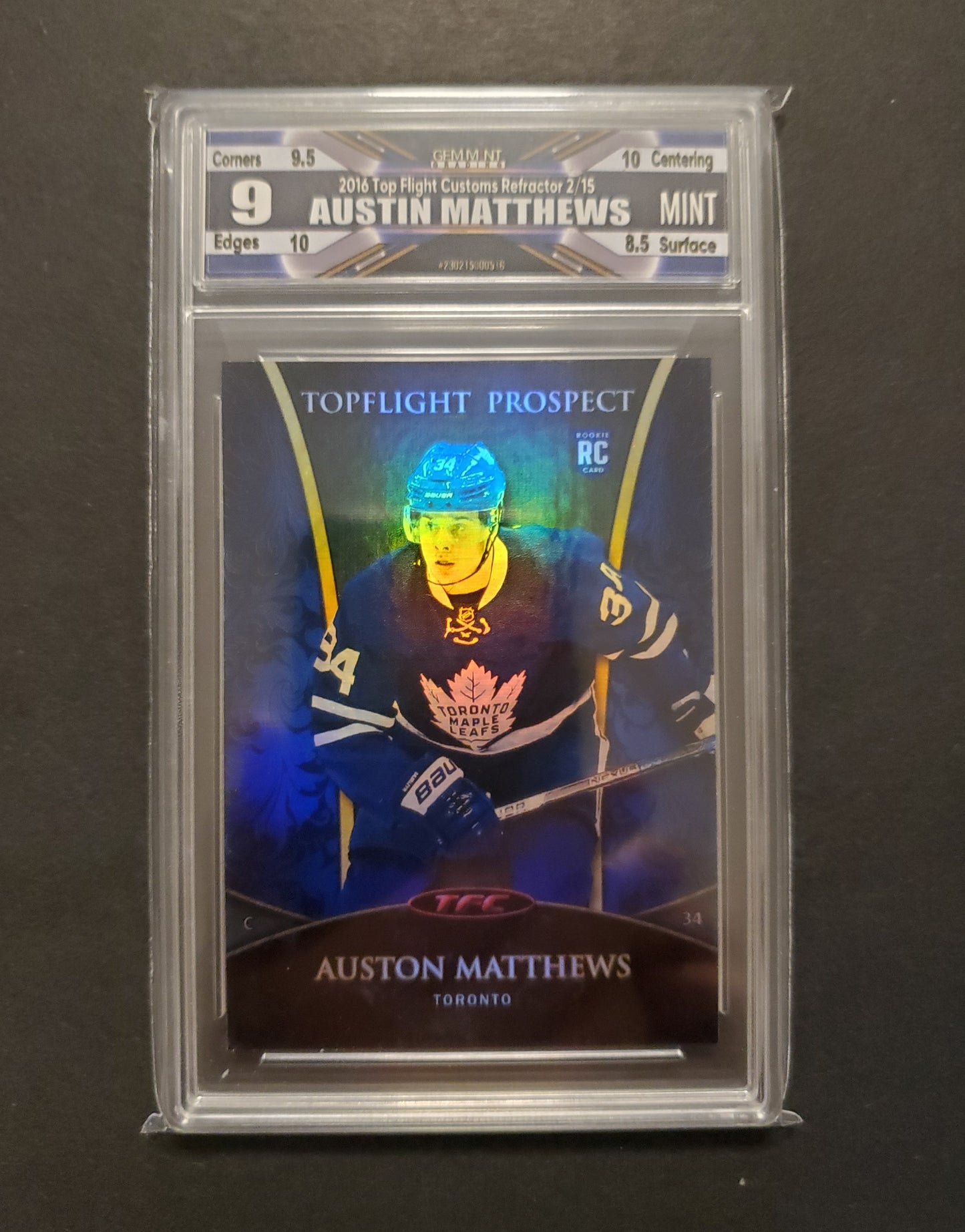 Auston Matthews RC | 2016 Top Flight Prospects Refractor 2/15 | Graded 9 Mint
